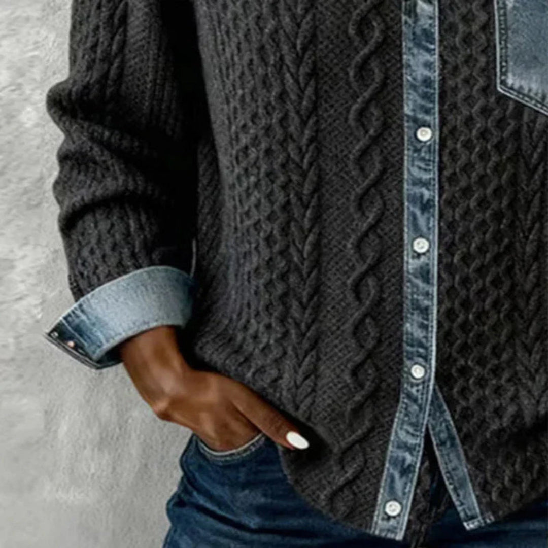 Ambra | Top en maille patchwork avec détails en denim